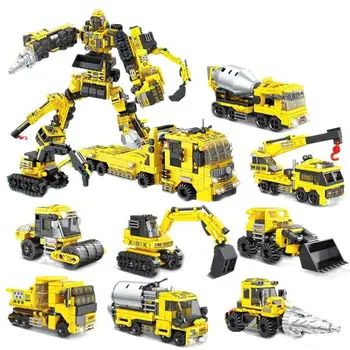 1063шт 8 в 1 Робот-трансформер, строительные блоки, Городской кран, миксер, Вилочный погрузчик, Кирпичные строительные игрушки для детей