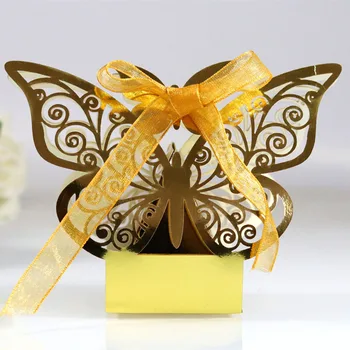 10шт Полых коробочек для сувениров, вырезанных лазером бабочками, Золотисто-белые Подарочные коробки конфет с лентой для душа ребенка, принадлежности для свадебных вечеринок