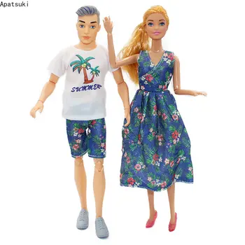 2 компл./лот, синий комплект модной одежды с цветочным рисунком, платье для Барби, пара, футболка для влюбленных, Шорты для кукол Ken Boy, аксессуары для кукол