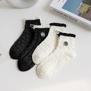 2023 Короткие носки в стиле Лолиты Женские Летние Тонкие хлопчатобумажные Носки С цветочной японской вышивкой Носки Черно Белые кружевные Студенческие носки