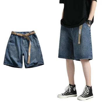 2023 Летние мужские свободные джинсовые шорты Модный ремень Уличный мальчик Повседневные мешковатые пятиточечные брюки Универсальные повседневные шорты