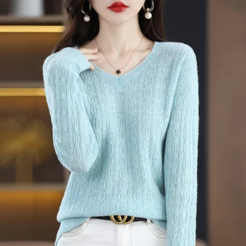 2023 Летний Новый вязаный свитер из 100% чистой шерсти, женский жаккардовый пуловер с V-образным вырезом, однотонный модный темпераментный топ, универсальная модель