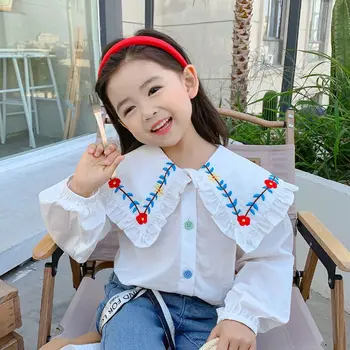 2023 Летняя весенняя детская рубашка с оборками по краю в корейском стиле, однотонный длинный рукав с цветочным принтом, мягкий тонкий хлопок для девочек
