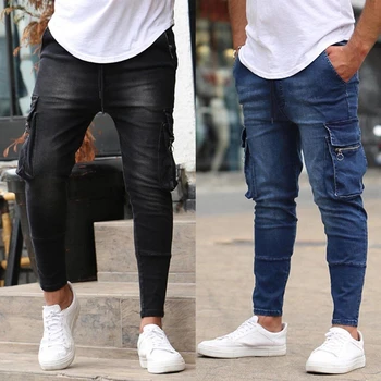 2023 Мужской джинсовый комбинезон с несколькими карманами, брюки с прямыми штанинами, сплошной цвет, черный, синий, весенне-осенний Спортивный джинсовый карго для отдыха