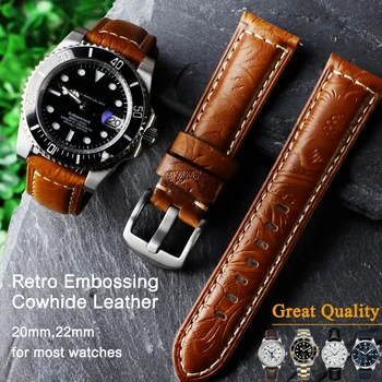 20мм 22мм Быстроразъемные булавки, кожаный ремешок для часов в стиле ретро, Винтажный кожаный ремешок с тиснением для Rolex OMEGA Hamilton Seiko Citizen