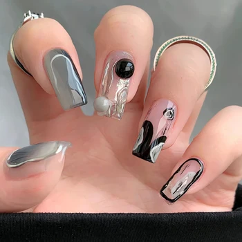24 шт. чернильно-серые накладные ногти, глянцевые накладные ногти средней длины для женщин и девочек, наклейка для ногтей во французском стиле с полным покрытием TUE88