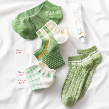 5 Пар / лот, Элегантные, забавные, милые хлопковые носки для девочек с винтажными цветами, короткие женские носки с глубоким вырезом и зелеными листьями на щиколотке, лето-весна, женщины