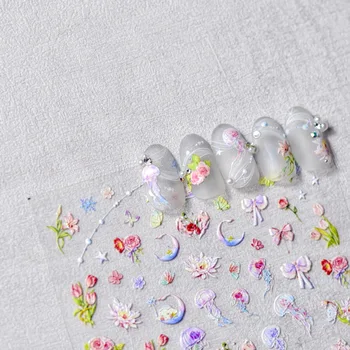 5D Рельефные наклейки для дизайна ногтей в виде медузы и Лунного цветка с самоклеющимся рисунком, украшения, наклейки для маникюра, амулеты 