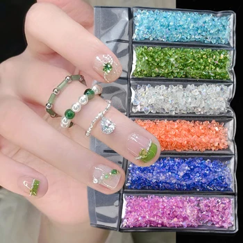6 сеток / пакет, нерегулярные стеклянные камни, стразы для ногтей, красочные блестящие украшения из кристаллов бриллиантов, сверкающие очаровательные украшения для ногтей из камня