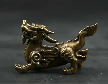 60-мм маленькое старинное китайское бронзовое животное-Единорог, статуя Килинь Чи-линь Цилинь