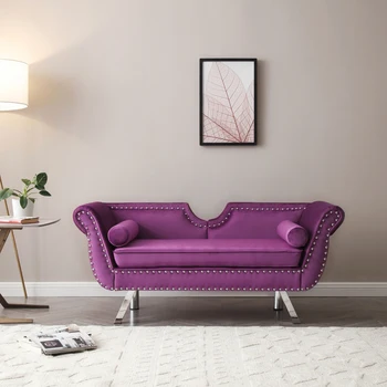61-дюймовый Современный диван Loveseat с бархатной обивкой и подлокотниками со съемными серебристыми металлическими ножками для гостиной, фиолетовый