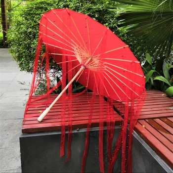 82-сантиметровый красный зонт с древней кисточкой, Цветочный город, Cos Hanfu, Старинный зонтик из масляной бумаги, Старинная сафлоровая лента, реквизит, зонтик