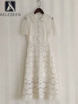 AELESEEN, Весенне-летнее Женское кружевное платье, Модный плащ для подиума, Открытая 3D Цветочная вышивка, Элегантная Миди Вечеринка, Праздник