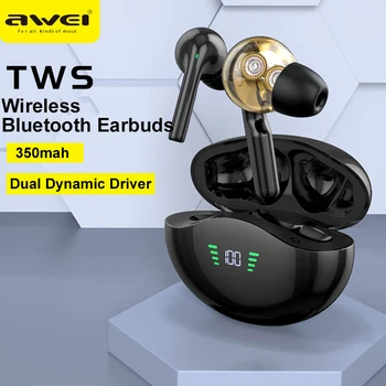 Awei T12P Bluetooth Наушники емкостью 350 мАч с микрофоном, двойной динамический драйвер, беспроводные наушники V5.3, Hi-Fi Басовая гарнитура, наушники-вкладыши TWS