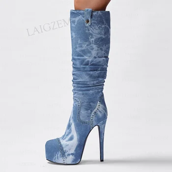 BERZIMER, женские сапоги до колена, джинсовые плиссированные сапоги на платформе и тонком высоком каблуке, женская обувь с шипами, женские большие размеры 36 41 42 44