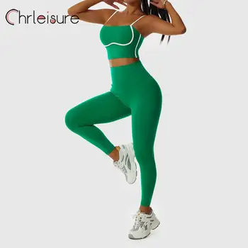 CHRLEISURE Женский костюм для йоги из 1/2 предметов, сшитый контрастного цвета, бюстгальтер для фитнеса, дышащие шорты пуш-ап, быстросохнущий спортивный комплект для бега