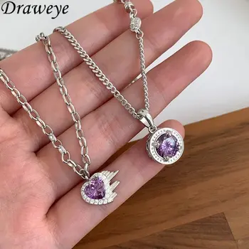 Draweye Легкие Роскошные Винтажные ожерелья для женщин, Фиолетовое металлическое сердце Y2k, модные украшения в Корейском стиле, Старое подвесное ожерелье