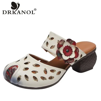 DRKANOL/ 2023 Модные летние женские тапочки в этническом стиле с цветочным рисунком, тапочки на толстом каблуке, повседневные шлепанцы без застежки из натуральной кожи снаружи