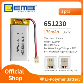 EEMB 651230 Аккумулятор 3,7 В 170 мАч литий-полимерный аккумулятор для видеорегистратора, фонарика, динамика Bluetooth, GPS, камеры