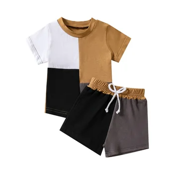 FOCUSNORM/ Летние повседневные комплекты одежды для маленьких мальчиков от 0 до 3 лет, цветные футболки в стиле пэчворк с короткими рукавами и карманами + короткие брюки на завязках