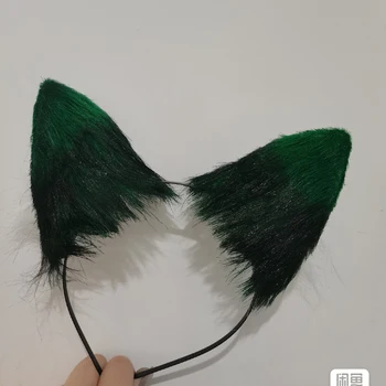 Genshin Impact Косплей Xiao Градиентная Темно-Зеленая повязка на голову для ушей, праздничный костюм, Зеленая плюшевая повязка на голову для ушей, Аксессуары для волос для девочек, реквизит