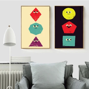 HAOCHU Забавное мультяшное выражение, Улыбающийся Лук, Три основных цвета, Геометрический многоугольник, холст, картина, Плакат для гостиной