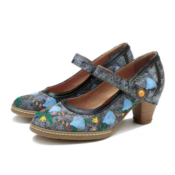 Johnature 2023, Весна-лето, новые туфли-лодочки с вышивкой в стиле ретро, женская обувь Mary Jane, круглый носок, толстые каблуки, Удобная обувь на высоком каблуке