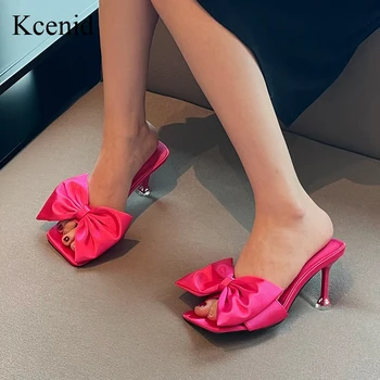 Kcenid/ Новые модные Шелковые женские шлепанцы на высоком каблуке с бабочкой, летние босоножки, Шлепанцы без застежки с квадратным носком, вечерние туфли-лодочки