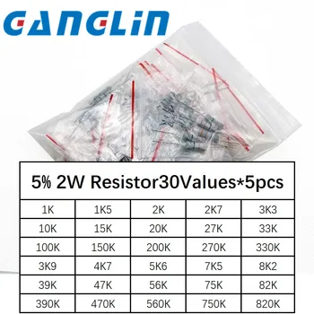 Nuevo Kit de resistencia de película de carbono 2W 5% 1K -820K ohm 30 tipos * 5 piezas = 150 piezas/juego