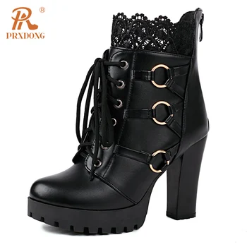PRXDONG / Новая брендовая осенне-зимняя обувь, Женские ботильоны на высоком квадратном каблуке и платформе, черно-белое платье, вечерние офисные женские туфли 42 г.