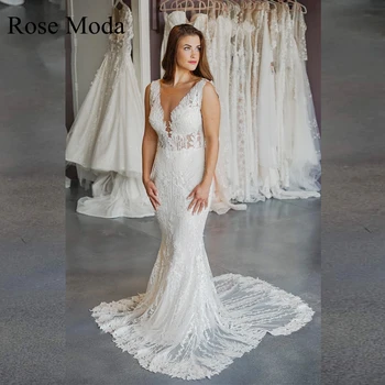 Rose Moda Съемные длинные рукава с глубоким V-образным вырезом и открытой спиной, кружевные свадебные платья русалки на заказ