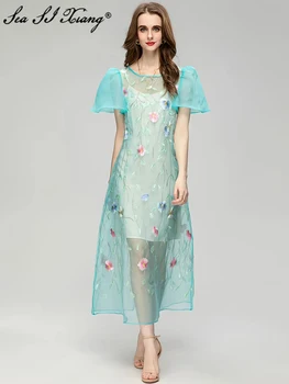 Seasixiang Модное дизайнерское Летнее сетчатое платье для женщин с круглым вырезом и расклешенными рукавами, цветочная вышивка, элегантные вечерние длинные платья