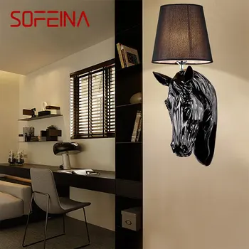 SOFEINA Настенный светильник в американском стиле, ретро креативные винтажные бра, светодиодный декор в виде головы лошади из смолы для дома, гостиной, коридора