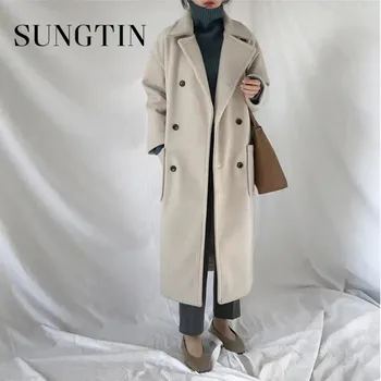 Sungtin Высококачественное Длинное Шерстяное Пальто Модное Офисное Женское Плотное Теплое Пальто Зимняя Корейская Универсальная Элегантная Одежда 2023 Новинка
