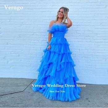 Verngo Синие многоуровневые платья для выпускного вечера с оборками, без бретелек, вечерние платья длиной до пола, Vestidos Longo, элегантное вечернее платье для вечеринок