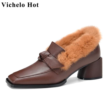 Vichelo/ популярная повседневная одежда в римском стиле из натуральной коровьей кожи с бабочкой и узлом на зимнем меху с квадратным носком на толстом высоком каблуке, винтажные туфли-лодочки без застежки l78