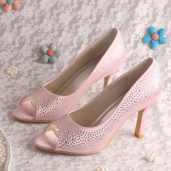 Wedopus Розовые атласные Женские свадебные туфли с открытым носком для новобрачных на высоком каблуке с кристаллами