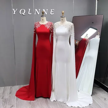YQLNNE Элегантные вечерние платья Дубайского красного цвета с длинным рукавом, женское вечернее платье из атласа Русалки, украшенное кристаллами и бисером