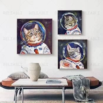 Абстрактная картина на холсте с котом-астронавтом, забавные плакаты с котенком и принты для детской комнаты, домашнего декора в гостиной, настенного искусства в детской комнате