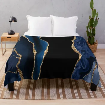 Абстрактное Синее с Золотом Современное Жеодовое Агатовое Дизайнерское Покрывало Пушистое Мохнатое Одеяло пушистое одеяло