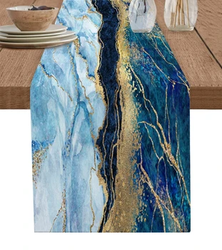 Абстрактные голубые мраморные льняные скатерти Украшение свадебной вечеринки Роскошные Моющиеся скатерти для обеденного стола Праздничный декор