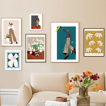 Абстрактные минималистичные настенные рисунки на холсте, плакаты с цветами для девочек, современные иллюстрации для декора гостиной