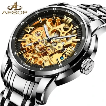 Автоматические механические часы AESOP Golden Skeleton, мужские часы из нержавеющей стали, лучший бренд класса люкс, автоматические часы Relógio Masculino