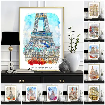 Акварельный городской плакат, Дания, Италия, Принт, Франция, Пейзаж Парижской башни, Декор городских стен для путешествий по миру, Наклейки на холсте,