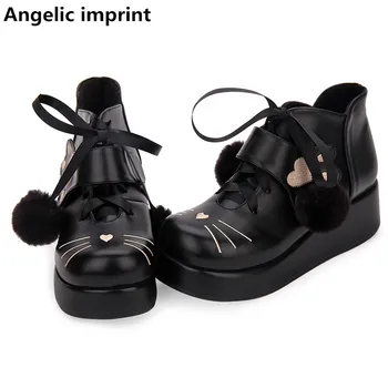 Ангельский отпечаток mori girl, женские милые ботильоны, женские ботинки в стиле лолиты, женские туфли-лодочки на среднем каблуке, туфли на танкетке, кошачья мордочка, флис внутри