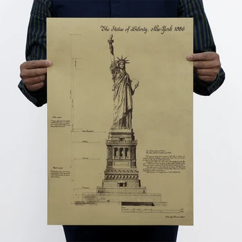 Бар Домашний Декор Винтаж Статуя Свободы в Нью-Йорке 1886 Дизайнерские Рисунки Плакат Ретро Крафт-бумага 51x35 см Наклейка на стену