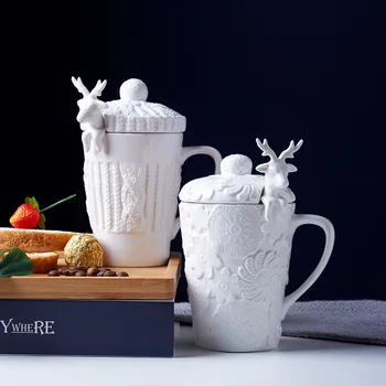 Белый Фарфор Рождество 3D Лось Amimal Пары Кофе Кружки для Молока с Крышкой Керамические Креативные Милые Олени Чашка Для Завтрака Посуда Для Напитков