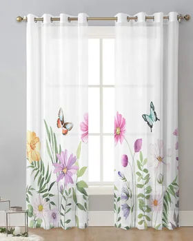 Весенне-летний тюль с цветами и бабочками, украшение гостиной, Прозрачные занавески, спальня, кухня, вуаль, шифоновые шторы