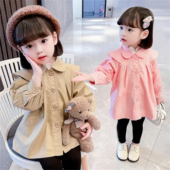 Весенне-осенняя ветровка для маленьких девочек, воротник рубашки, Однотонное универсальное пальто с длинным рукавом в корейском стиле