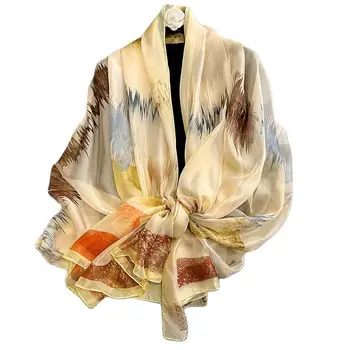 Весенне-осенняя модная корейская шаль из гибкой пряжи Оверсайз, летний солнцезащитный женский пляжный шелковый шарф с принтом